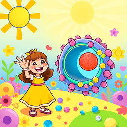 A vibrant cartoon-style image featuring Rosita Fresita, a beloved children’s character with a big smile, waving cheerfully at a stylized cell membrane