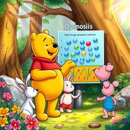 Winnie the Pooh engagingly explaining the concept of osmosis to his friends, Rabbit and Piglet, in a colorful forest setting