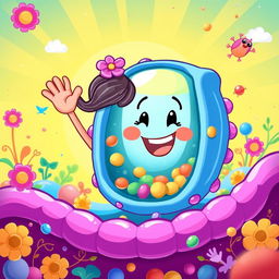 A vibrant cartoon-style image featuring Rosita Fresita, a beloved children’s character with a big smile, waving cheerfully at a stylized cell membrane