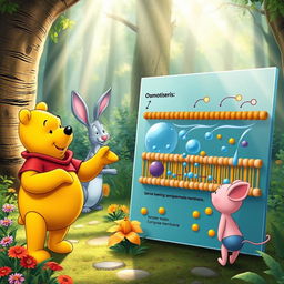 Winnie the Pooh engagingly explaining the concept of osmosis to his friends, Rabbit and Piglet, in a colorful forest setting