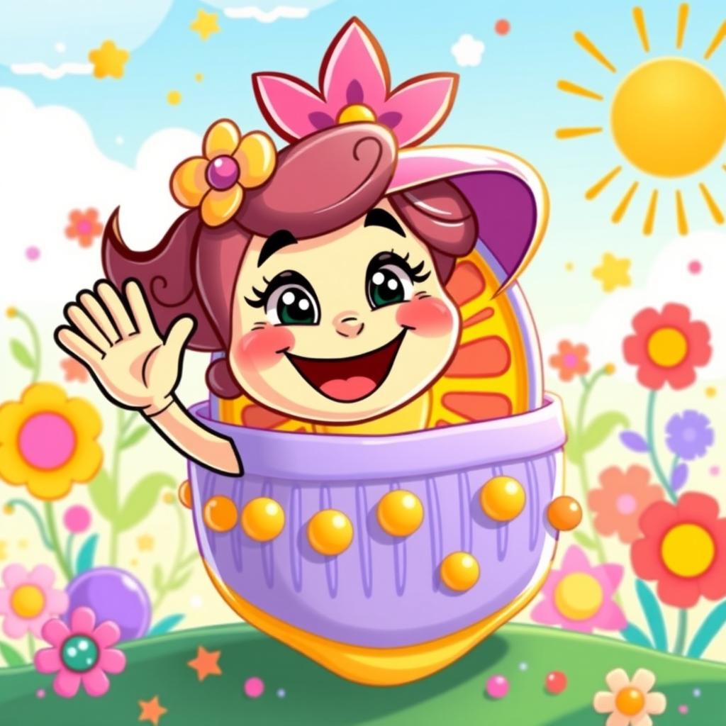 A vibrant cartoon-style image featuring Rosita Fresita, a beloved children’s character with a big smile, waving cheerfully at a stylized cell membrane