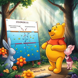 Winnie the Pooh engagingly explaining the concept of osmosis to his friends, Rabbit and Piglet, in a colorful forest setting