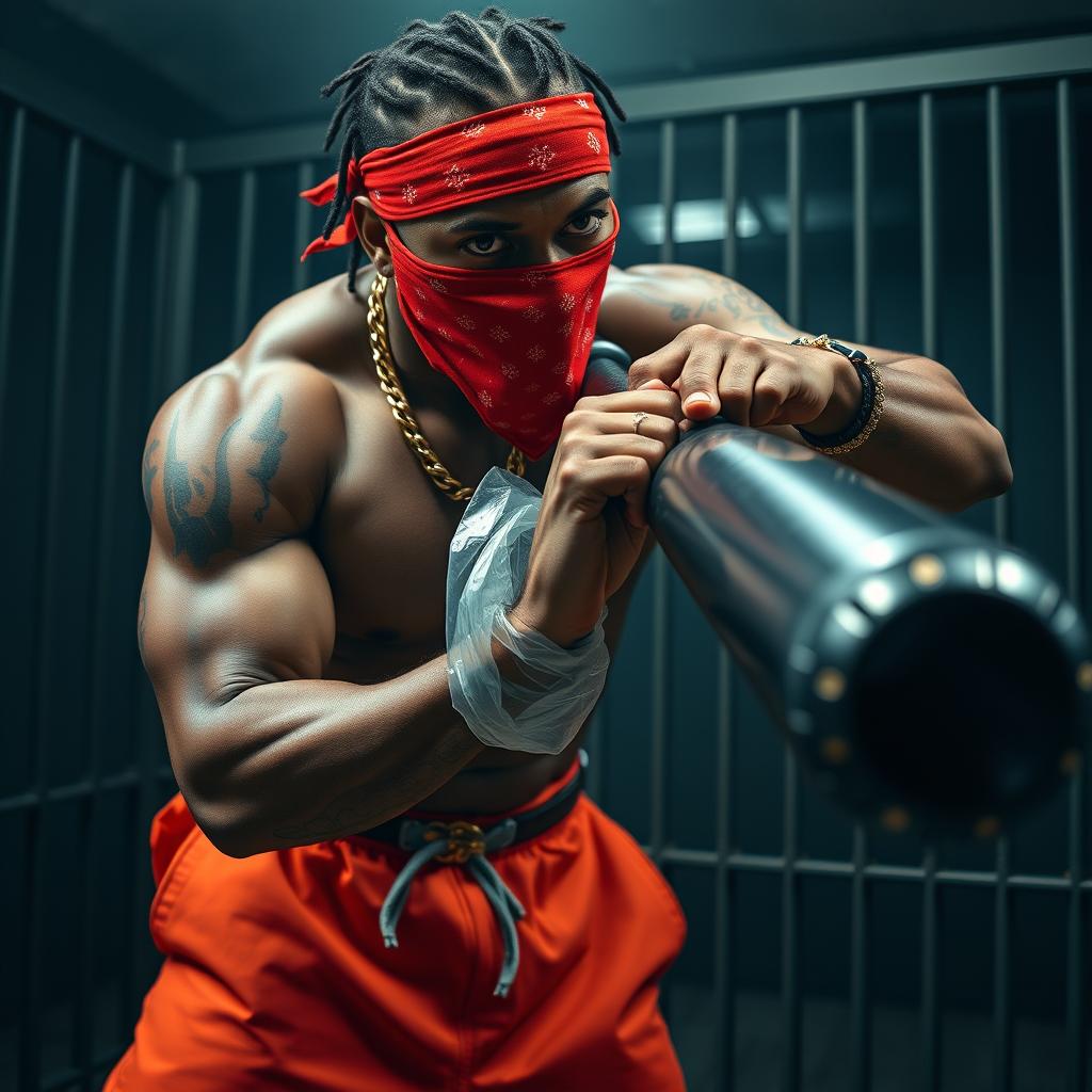 A close-up image of a muscular African American man, depicted as a gang member, wearing baggy orange pants and a red bandana covering his nose and mouth