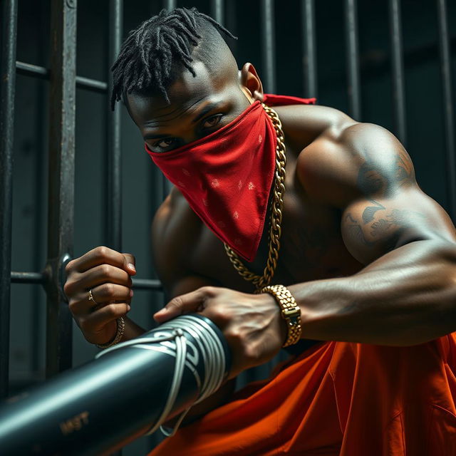 A close-up image of a muscular African American man, depicted as a gang member, wearing baggy orange pants and a red bandana covering his nose and mouth