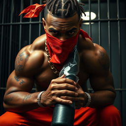 A close-up image of a muscular African American man, depicted as a gang member, wearing baggy orange pants and a red bandana covering his nose and mouth