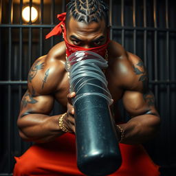 A close-up image of a muscular African American man, depicted as a gang member, wearing baggy orange pants and a red bandana covering his nose and mouth