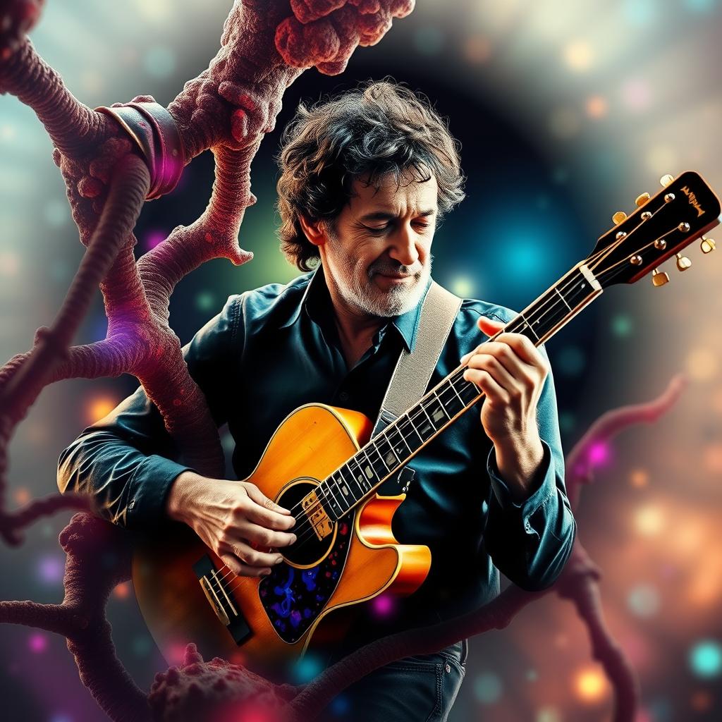 A visually intriguing representation of Gustavo Cerati, the legendary Argentine musician, artistically entwined within a cellular membrane structure