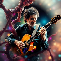 A visually intriguing representation of Gustavo Cerati, the legendary Argentine musician, artistically entwined within a cellular membrane structure