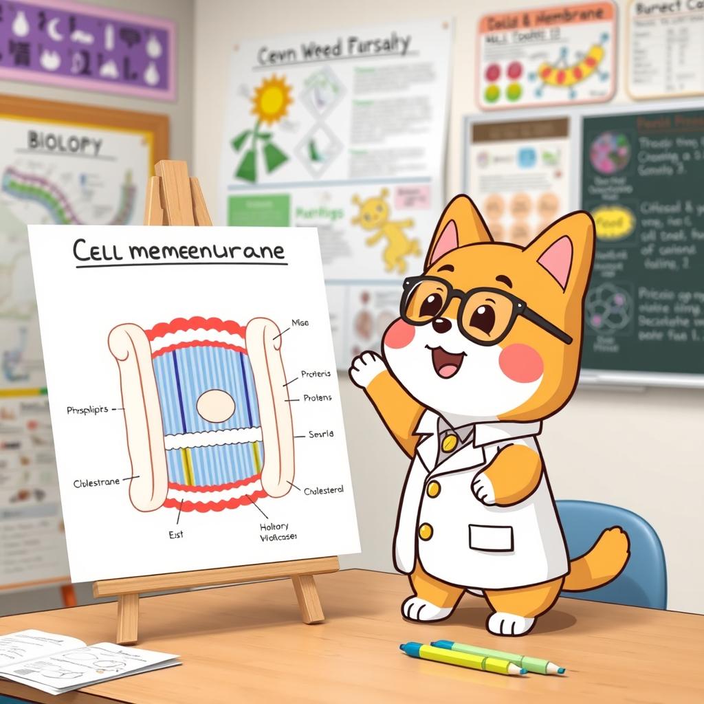 Pochacco, the adorable dog character from Sanrio, is animatedly explaining the parts of a cell membrane