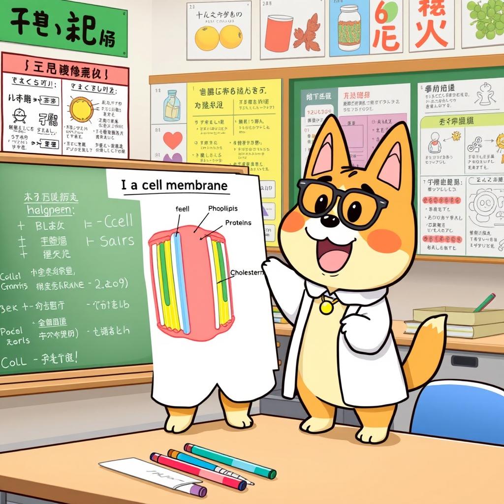 Pochacco, the adorable dog character from Sanrio, is animatedly explaining the parts of a cell membrane