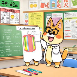 Pochacco, the adorable dog character from Sanrio, is animatedly explaining the parts of a cell membrane