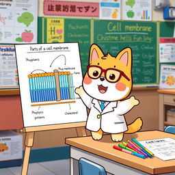 Pochacco, the adorable dog character from Sanrio, is animatedly explaining the parts of a cell membrane