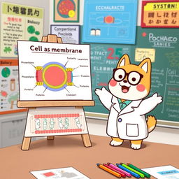 Pochacco, the adorable dog character from Sanrio, is animatedly explaining the parts of a cell membrane