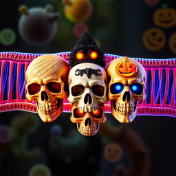 An artistic representation combining the intricate structure of a cell membrane and Halloween-themed skulls