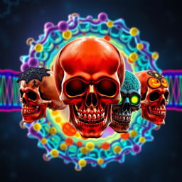 An artistic representation combining the intricate structure of a cell membrane and Halloween-themed skulls