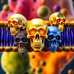 An artistic representation combining the intricate structure of a cell membrane and Halloween-themed skulls