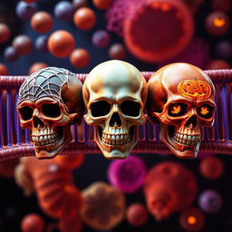 An artistic representation combining the intricate structure of a cell membrane and Halloween-themed skulls