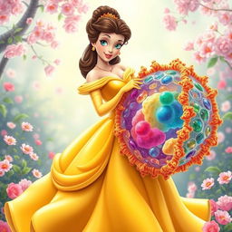 A whimsical and creative depiction of Princess Belle from Disney, gracefully holding a giant, colorful cell membrane