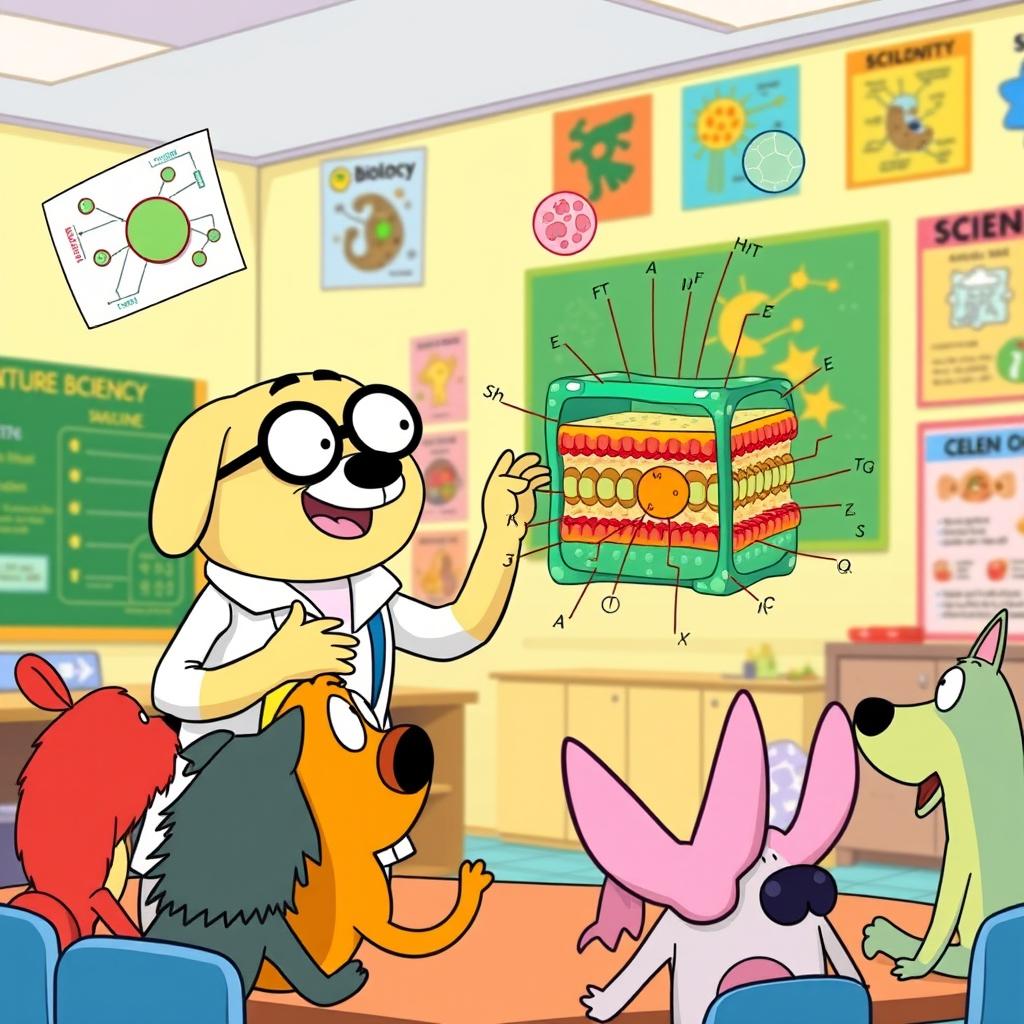 An anthropomorphic dog character resembling Jake the Dog from 'Adventure Time,' wearing glasses and a lab coat, enthusiastically explaining the structure of a cell membrane to a group of curious cartoon animals