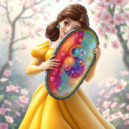 A whimsical and creative depiction of Princess Belle from Disney, gracefully holding a giant, colorful cell membrane