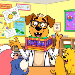 An anthropomorphic dog character resembling Jake the Dog from 'Adventure Time,' wearing glasses and a lab coat, enthusiastically explaining the structure of a cell membrane to a group of curious cartoon animals