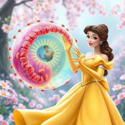 A whimsical and creative depiction of Princess Belle from Disney, gracefully holding a giant, colorful cell membrane