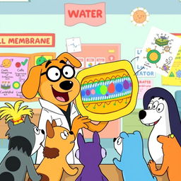 An anthropomorphic dog character resembling Jake the Dog from 'Adventure Time,' wearing glasses and a lab coat, enthusiastically explaining the structure of a cell membrane to a group of curious cartoon animals