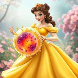 A whimsical and creative depiction of Princess Belle from Disney, gracefully holding a giant, colorful cell membrane