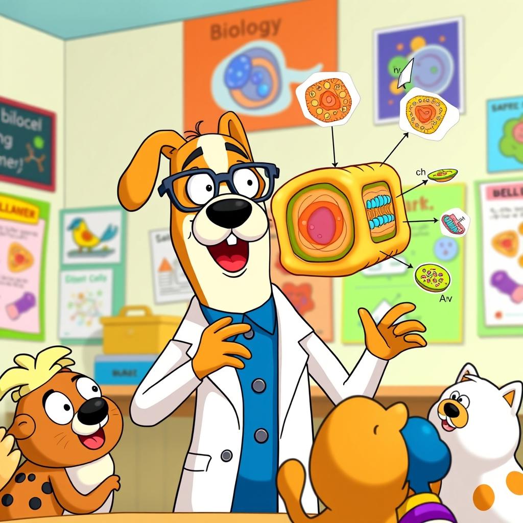 An anthropomorphic dog character resembling Jake the Dog from 'Adventure Time,' wearing glasses and a lab coat, enthusiastically explaining the structure of a cell membrane to a group of curious cartoon animals