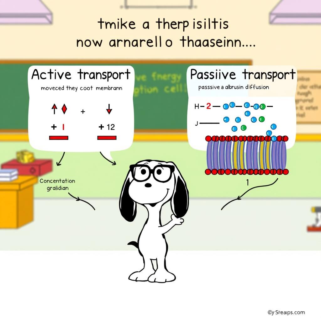 A playful and educational cartoon-style illustration of Snoopy, the iconic beagle from the Peanuts comic strip, teaching about active and passive transport across an animal cell membrane