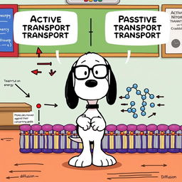 A playful and educational cartoon-style illustration of Snoopy, the iconic beagle from the Peanuts comic strip, teaching about active and passive transport across an animal cell membrane