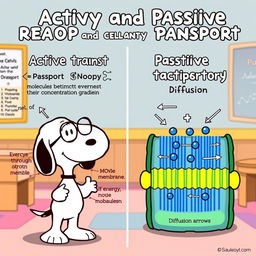 A playful and educational cartoon-style illustration of Snoopy, the iconic beagle from the Peanuts comic strip, teaching about active and passive transport across an animal cell membrane