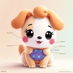 A vibrant and playful character depiction of Cinnamonroll, the adorable animated dog from Sanrio, creatively designed to include features inspired by a cellular membrane