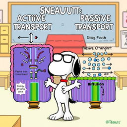 A playful and educational cartoon-style illustration of Snoopy, the iconic beagle from the Peanuts comic strip, teaching about active and passive transport across an animal cell membrane