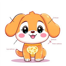 A vibrant and playful character depiction of Cinnamonroll, the adorable animated dog from Sanrio, creatively designed to include features inspired by a cellular membrane