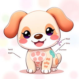 A vibrant and playful character depiction of Cinnamonroll, the adorable animated dog from Sanrio, creatively designed to include features inspired by a cellular membrane