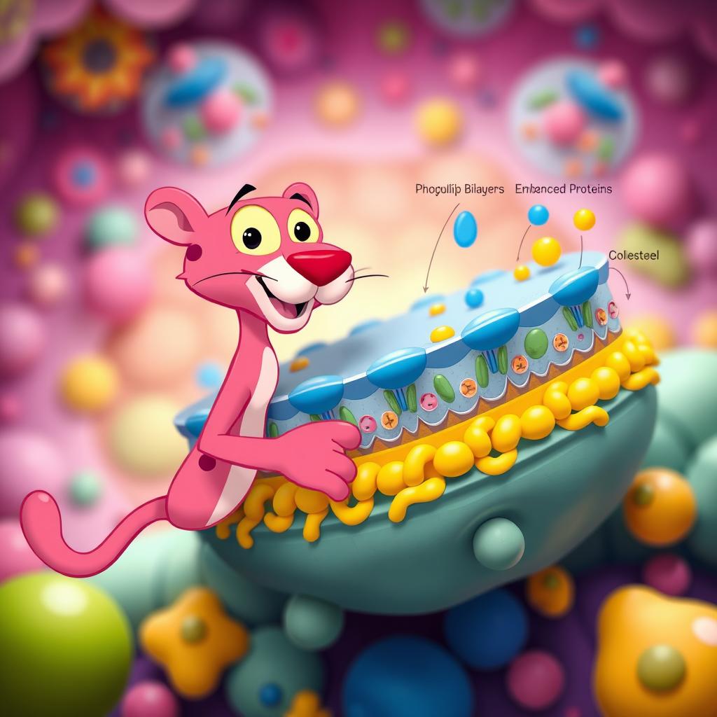 An imaginative portrayal of a cellular membrane composition featuring the pink panther character