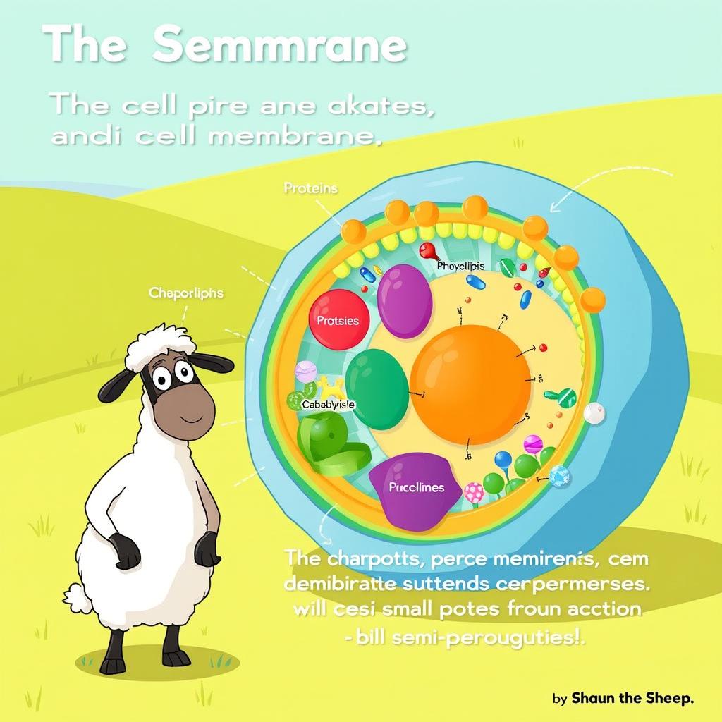 A whimsical cartoon scene featuring Shaun the Sheep, illustrating the cell membrane and its components in a fun, educational way