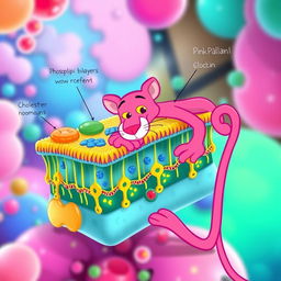 An imaginative portrayal of a cellular membrane composition featuring the pink panther character