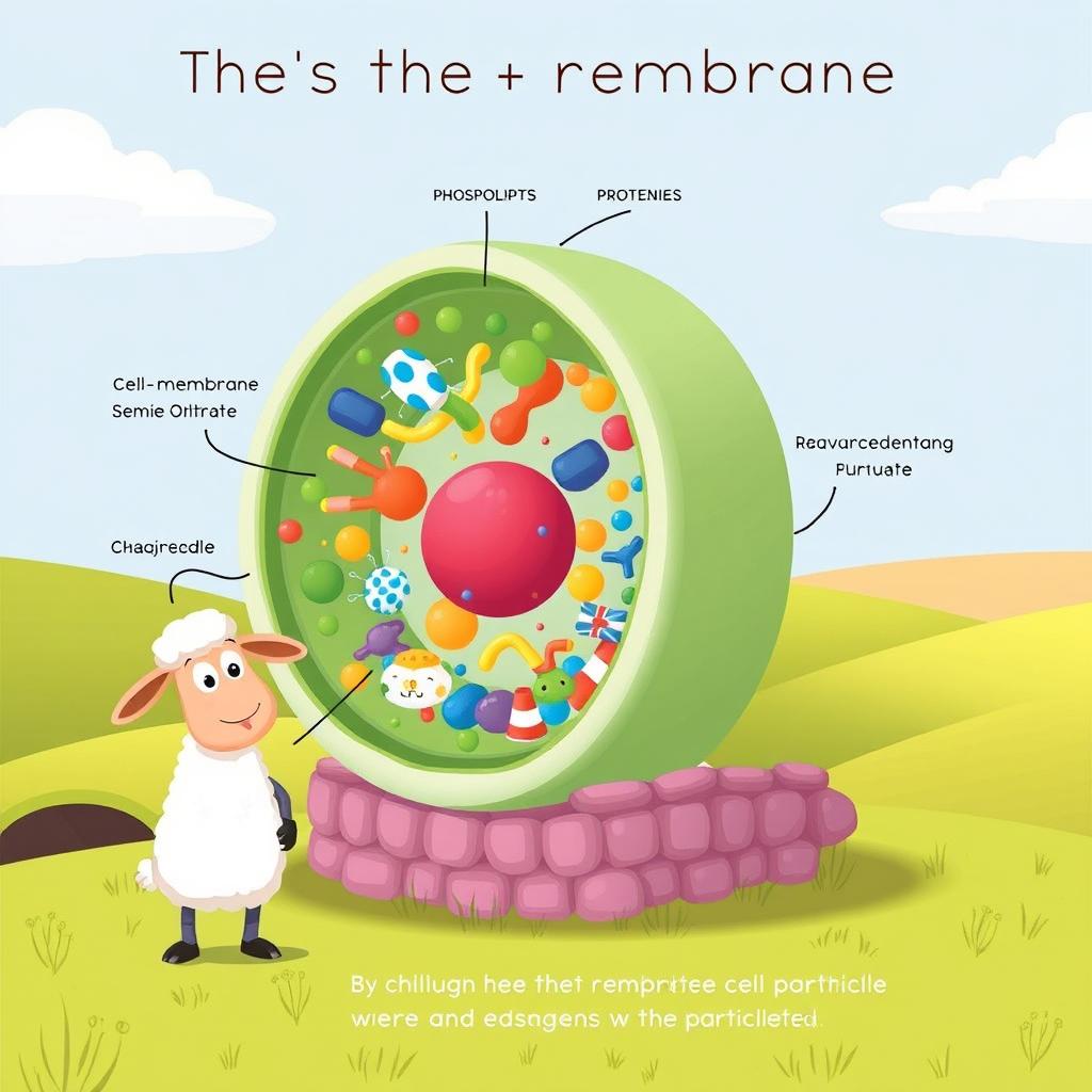 A whimsical cartoon scene featuring Shaun the Sheep, illustrating the cell membrane and its components in a fun, educational way