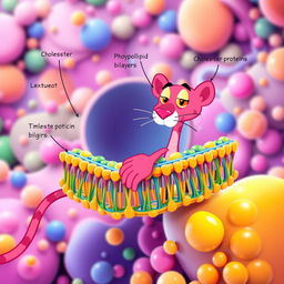 An imaginative portrayal of a cellular membrane composition featuring the pink panther character