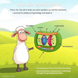 A whimsical cartoon scene featuring Shaun the Sheep, illustrating the cell membrane and its components in a fun, educational way