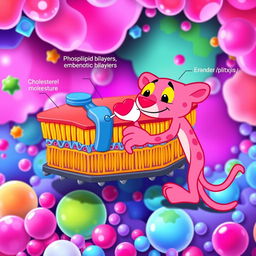 An imaginative portrayal of a cellular membrane composition featuring the pink panther character