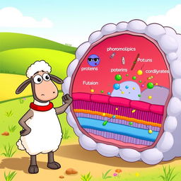 A whimsical cartoon scene featuring Shaun the Sheep, illustrating the cell membrane and its components in a fun, educational way