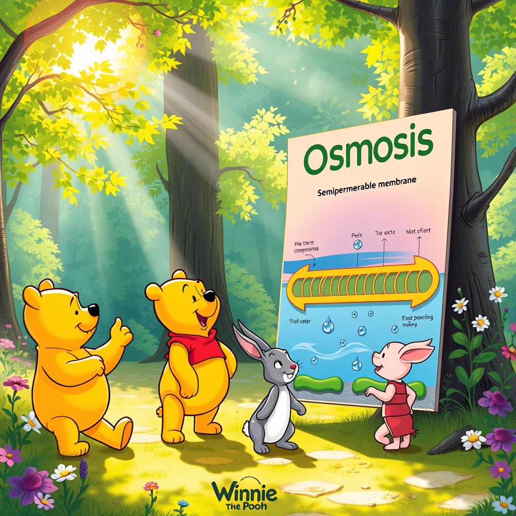 Winnie the Pooh playfully teaching his friends about osmosis in a cheerful, sunlit forest