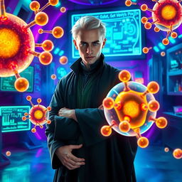 Draco Malfoy standing confidently in a mystical laboratory filled with vibrant colors and intricate details