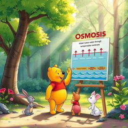 Winnie the Pooh playfully teaching his friends about osmosis in a cheerful, sunlit forest