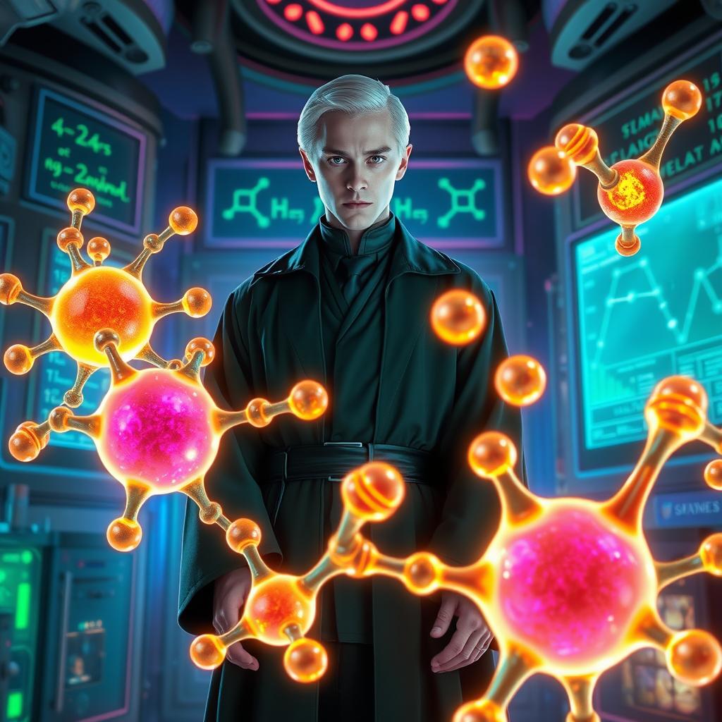 Draco Malfoy standing confidently in a mystical laboratory filled with vibrant colors and intricate details