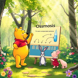 Winnie the Pooh playfully teaching his friends about osmosis in a cheerful, sunlit forest