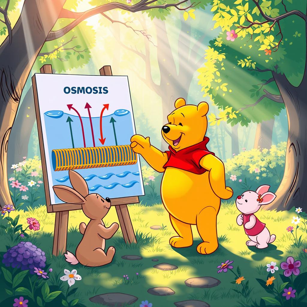 Winnie the Pooh playfully teaching his friends about osmosis in a cheerful, sunlit forest